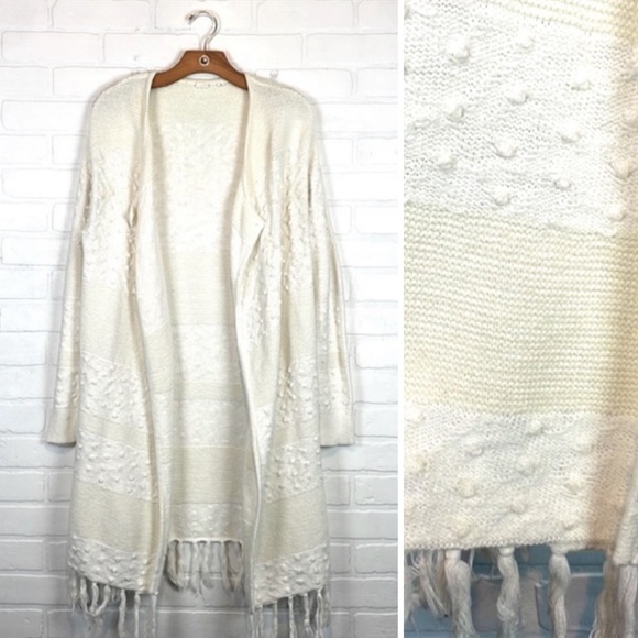 GAP Boho Ivory Longline Swiss Dot Cotton Open Front Fringe Hem Cardigan Sweater - Picture 3 of 13